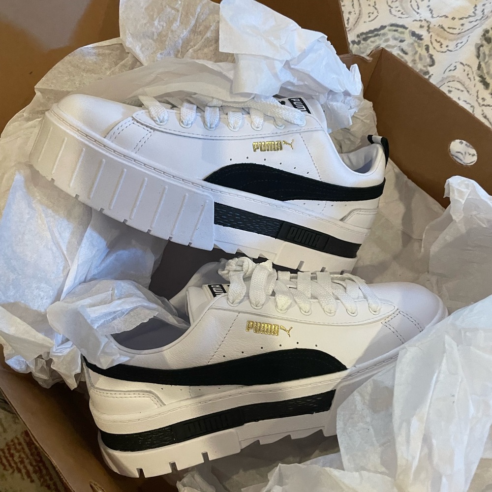 Puma Mayze platform trainers in white and black